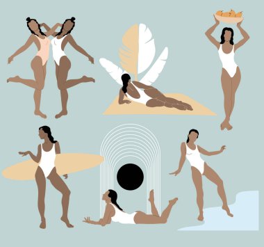 Vector set of  hand drawn illustration of women in swimsuits with palm leaf and surfboard isolated.  Template for card, poster, banner, print for t-shirt, pin, badge, patch. vector