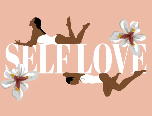 Self Love Vector Hand Drawn Illustration Lying Woman Swimsuit Flowers — Stock Vector