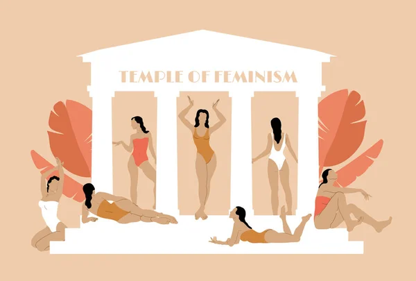 フェミニズムの神殿 グラズボ島の水着姿の少女たちをベクトル手描きイラスト 創作活動 カード ポスター バナー Tシャツ バッジ パッチ用のテンプレート — ストックベクタ