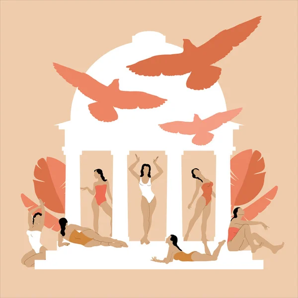 Vector Mão Desenhada Ilustração Meninas Maiôs Glazebo Com Aves Isoladas — Vetor de Stock