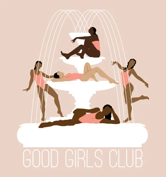 Good Girls Club Vector Hand Drawn Illustration Girls Swimsuits Fountain — Stock Vector