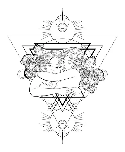 Vector Hand Drawn Illustration Hugging Cupids Creative Tattoo Artwork Geometrical — Stock Vector