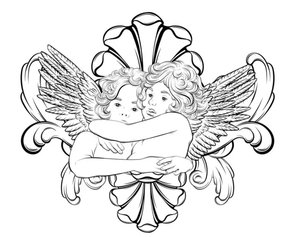 Vector Mão Desenhada Ilustração Cupidos Abraçando Com Asas Armação Rococó —  Vetores de Stock