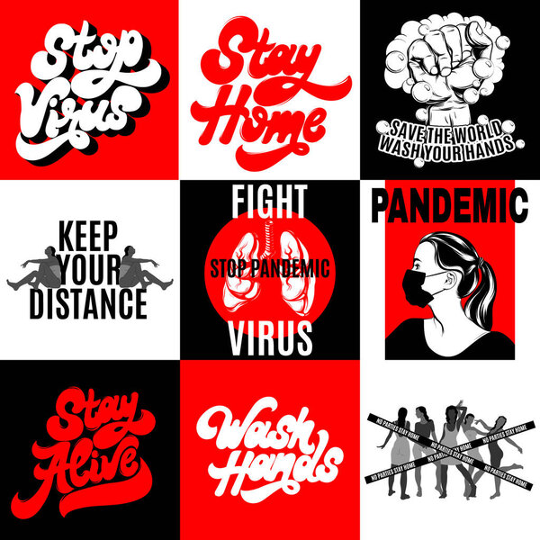 Vector collection of placards about virus with hand drawn illustration of human lungs, girls, fist and lettering .  Creative artwork. Template for card, poster, banner, print for t-shirt, pin, badge, patch.