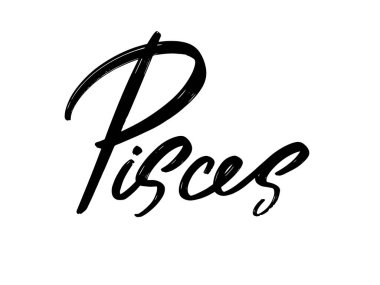 Balık burcu. Harfleri izole edilmiş vektör eli. Kart, poster, afiş, tişört, rozet, yama için baskı şablonu.