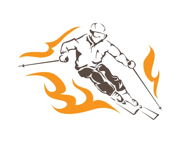 Logo d'athlète passionné de sports d'hiver - Joueur de ski agressif sur le feu — Image vectorielle