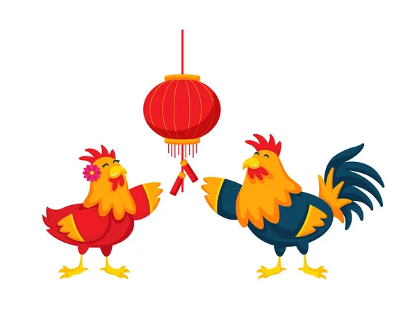 Nouvel An chinois 2017, Illustration de caractère du couple de coqs dans diverses activités . — Image vectorielle
