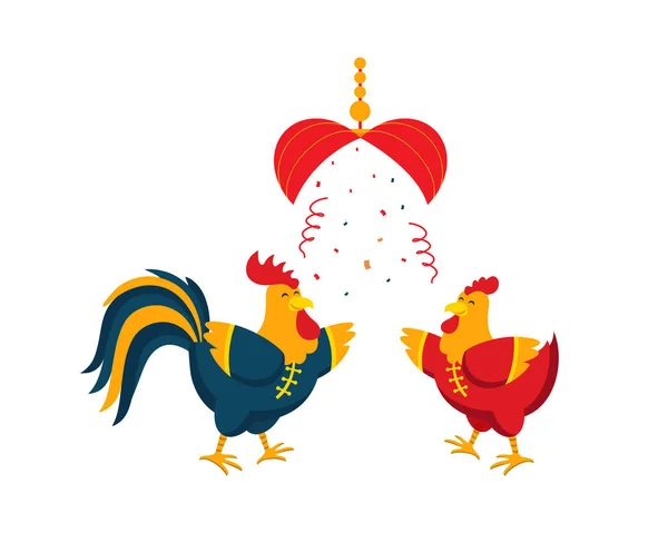 Chinese New Year 2017, Rooster Couple Character Illustration in Various Activities. — Stock Vector