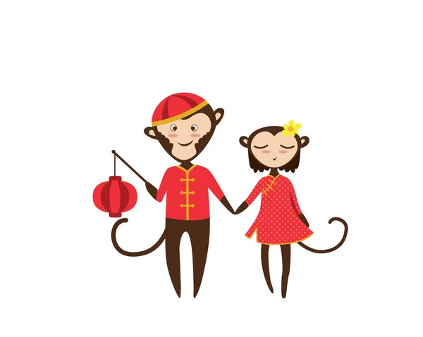 Nouvel An chinois 2016, Illustration de caractère de couple de singes dans diverses activités — Image vectorielle