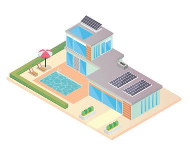 Modern lüks izometrik yeşil çevre dostu ev güneş paneli çizim ile