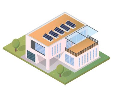 Modern lüks izometrik yeşil çevre dostu ev güneş paneli çizim ile