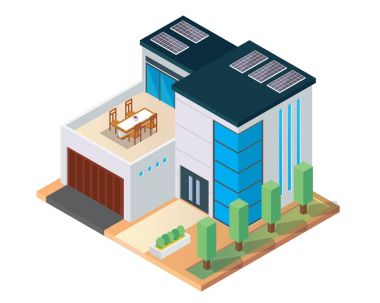 Modern lüks izometrik yeşil çevre dostu ev güneş paneli çizim ile