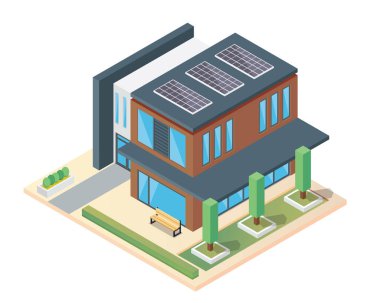 Modern lüks izometrik yeşil çevre dostu ev güneş paneli çizim ile