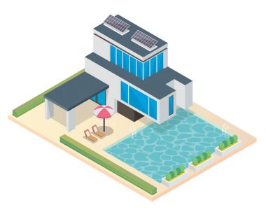 Modern lüks izometrik yeşil çevre dostu ev güneş paneli çizim ile