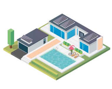 Modern lüks izometrik yeşil çevre dostu ev güneş paneli çizim ile