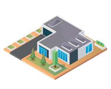 Modern lüks izometrik yeşil çevre dostu ev güneş paneli çizim ile
