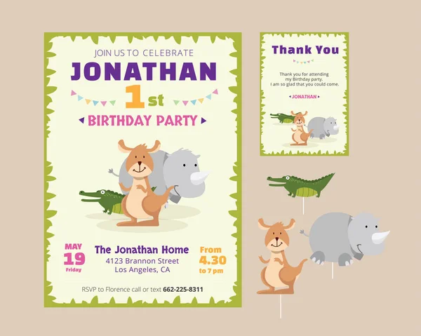 Modèle d'illustration de carte d'invitation et de remerciement de fête d'anniversaire de thème animal mignon — Image vectorielle