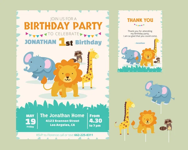 Cute Animal Theme Birthday Party Invitation And Thank You Card Illustration Template — Stock Vector