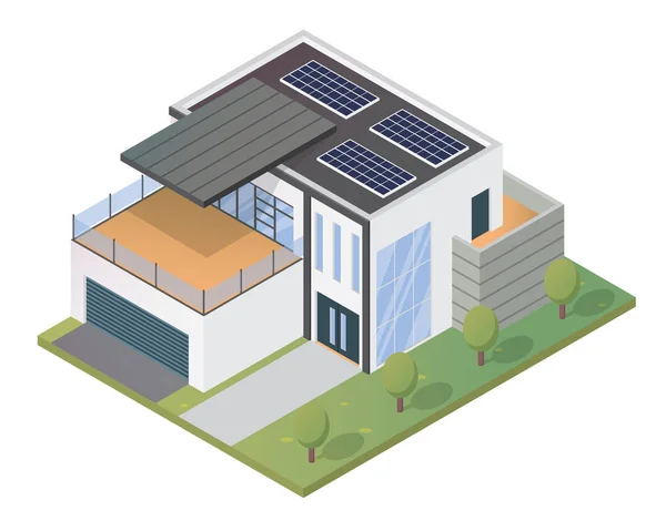 Nowoczesny luksusowy dom izometryczny zielony Eco Friendly z ilustracja Panel słoneczny — Wektor stockowy