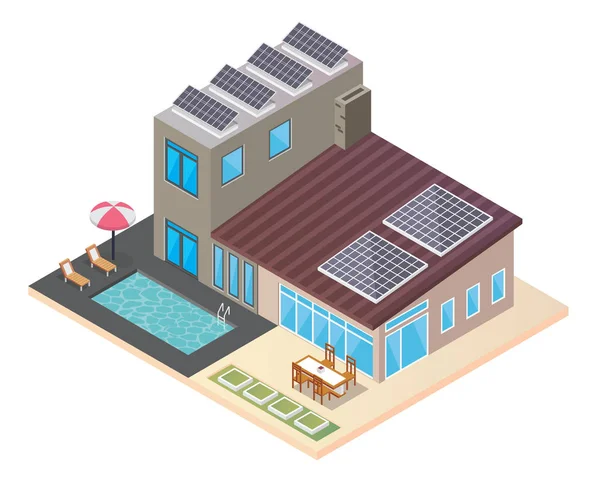 Modern Luxury Isometric Green Eco Friendly House with Solar Panel Illustration — стоковый вектор