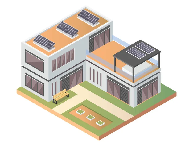 Maison écologique verte isométrique moderne de luxe avec l'illustration de panneau solaire — Image vectorielle