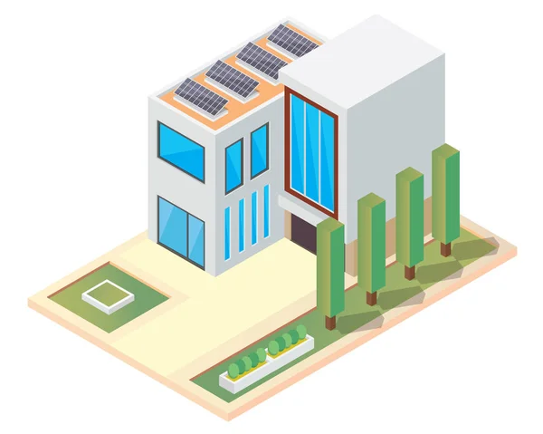 Casa respetuosa del medio ambiente verde isométrico de lujo moderno con la ilustración del panel solar — Vector de stock