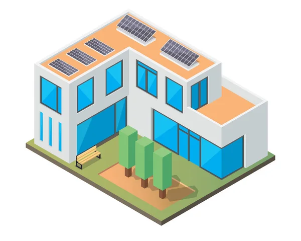 Casa respetuosa del medio ambiente verde isométrico de lujo moderno con la ilustración del panel solar — Archivo Imágenes Vectoriales