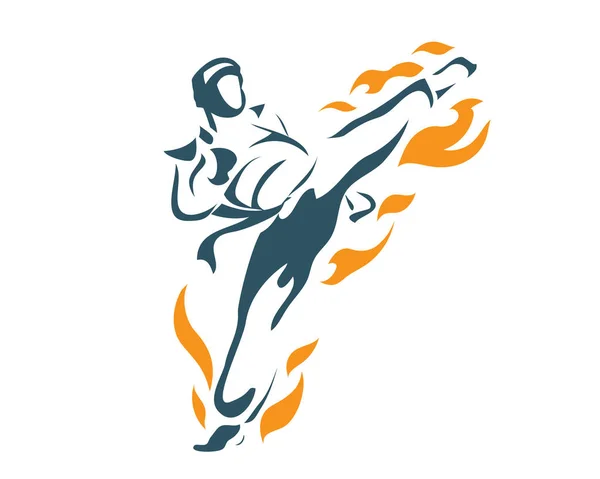 Aggressivo Taekwondo Arte Marziale In Azione Logo-Mortale Volare Fronte Calci Fiamma — Vettoriale Stock