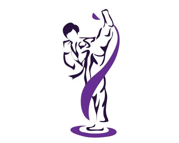 Agresivo Taekwondo Arte Marcial en Acción Logo - Atleta Profesional Calentamiento Pose — Vector de stock