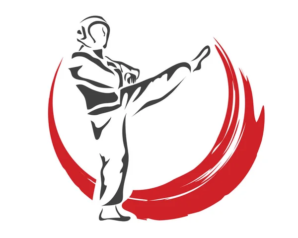 Aggressivo Taekwondo arte marziale in azione logo - Azione veloce Difesa Calcio Fiamma — Vettoriale Stock