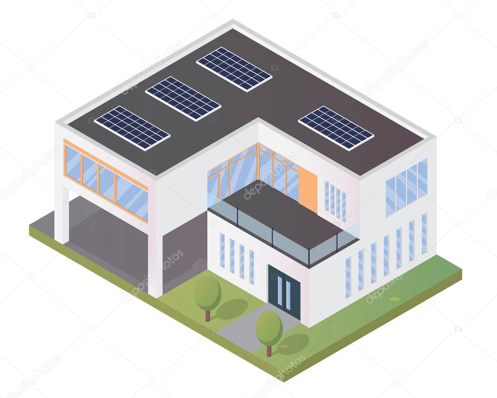 Modern Luxury Isometric Green Eco Friendly House With Solar Panel Illustration