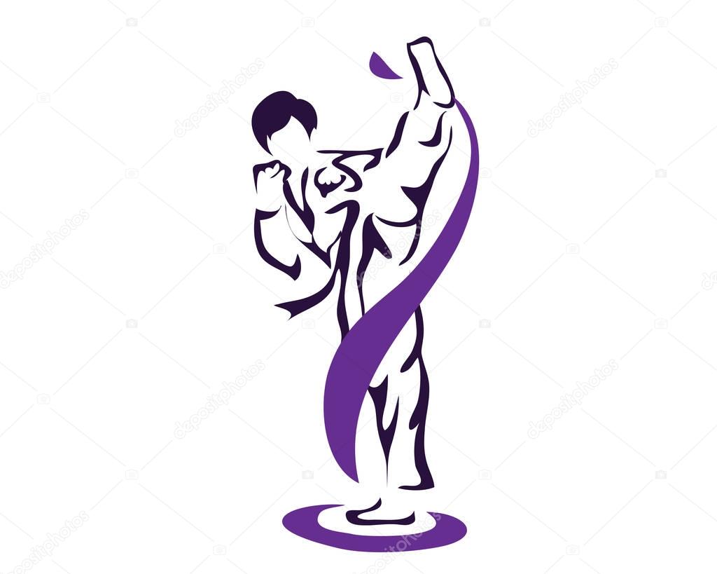 Aggressive Taekwondo Martial Art In Action Logo - Professional Athlete Warming Up Pose