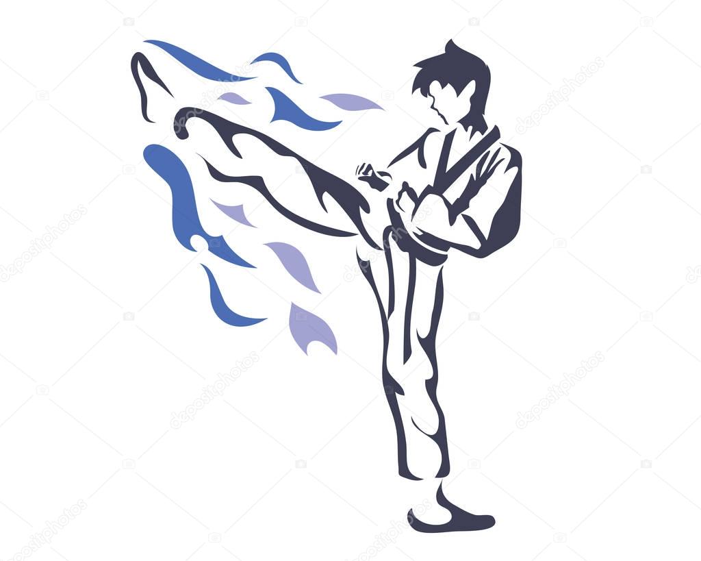 Aggressive Taekwondo Martial Art In Action Logo - Female Athlete On Fire Practice