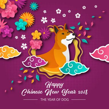 Zarif Çin yeni yıl 2018 yıl köpek kağıt sanat afiş ve kartı tasarım şablonu, sosyal medya, afiş, el ilanı, kart, Parti Davetiyesi ve diğer Çin yeni yılı için uygun fırsat ilgili