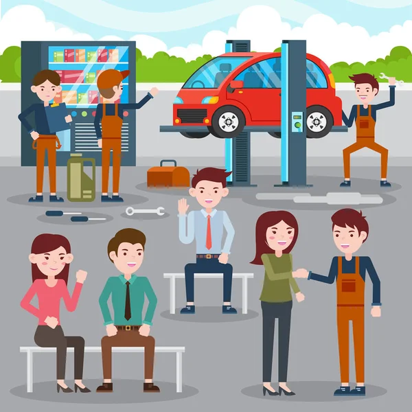 Productieve Auto Auto Reparatie Workshop Klant Illustratie — Stockvector