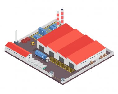 Modern izometrik endüstriyel fabrika ve depo lojistik Binası, diyagramları, Infographics, illüstrasyon, oyun varlıkları ve diğer grafik için uygun varlıkları ile ilgili