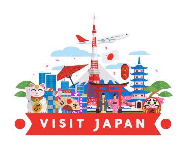 Japonya ünlü turistik hedef illüstrasyon