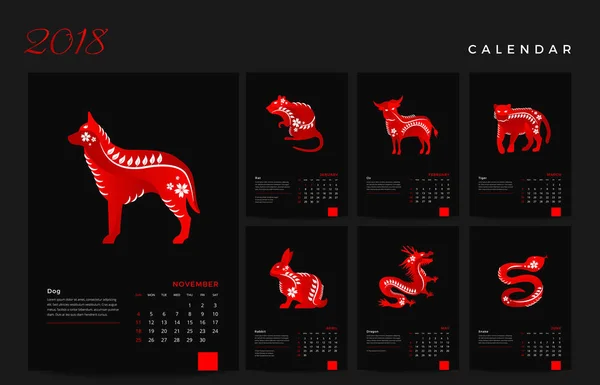 Moderno Elegante Negro Chino Zodíaco Animales 2018 Calendario Ilustración — Archivo Imágenes Vectoriales