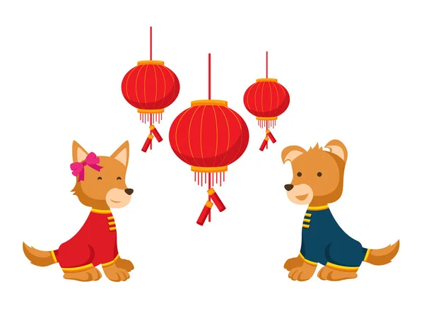 Niedlichen Chinesischen Neujahr 2018 Hunde Paar Zeichensatz Illustration — Stockvektor