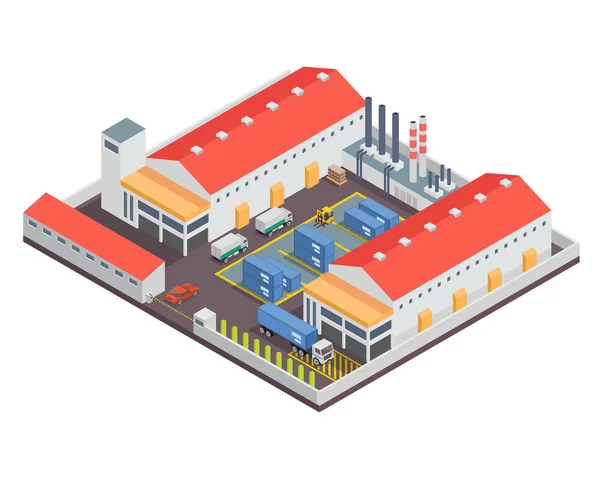 Modernes Isometrisches Industrie Und Lagerlogistikgebäude Geeignet Für Diagramme Infografiken Illustrationen — Stockvektor