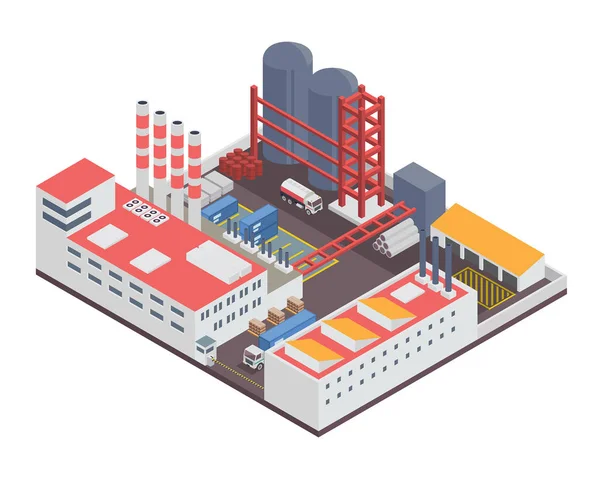 Modern Izometrik Endüstriyel Fabrika Depo Lojistik Binası Diyagramları Infographics Illüstrasyon — Stok Vektör