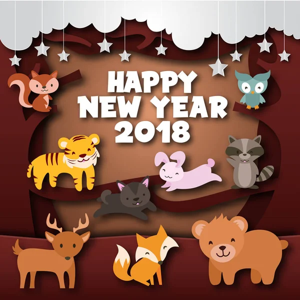 かわいい陽気な森林野生動物をテーマ新年あけましておめでとうございます 2018年ペーパー アート カード イラストは 子供たちのグリーティング カードやパーティの招待状 ソーシャル メディアに適した — ストックベクタ