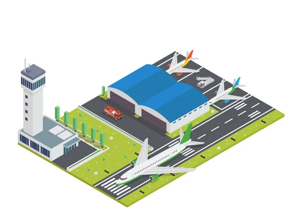 Inggris Modern Urban Airport Terminal Isometric Illustration - Stok Vektor