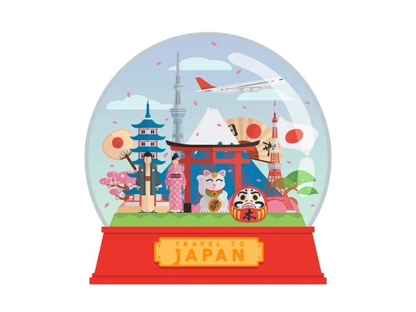 Japón Destino Turístico Famoso Globo Nieve Ilustración — Vector de stock