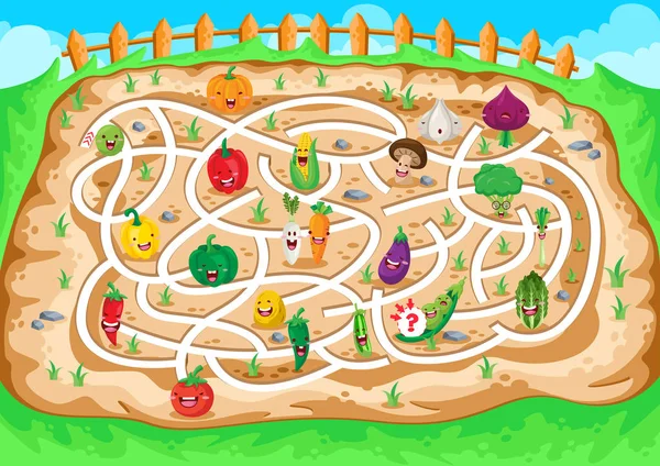 Fun Educational Farming Vegetable Theme Maze Puzzle Games Children Illustration — Stock Vector