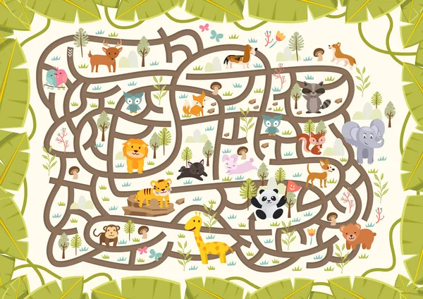 Spaß Pädagogische Tierwelt Thema Labyrinth Puzzle Spiele Für Kinder Illustration — Stockvektor