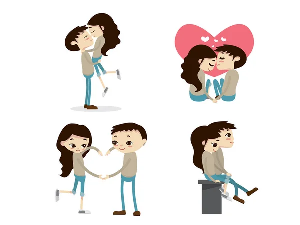 Couple Valentin Romantique Ayant Moment Spécial Illustration Set — Image vectorielle