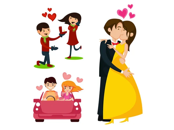 Couple Valentin Romantique Ayant Moment Spécial Illustration Set — Image vectorielle