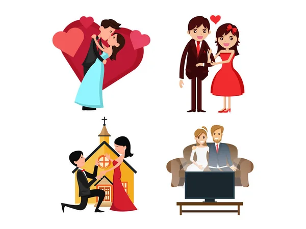 Couple Valentin Romantique Ayant Moment Spécial Illustration Set — Image vectorielle