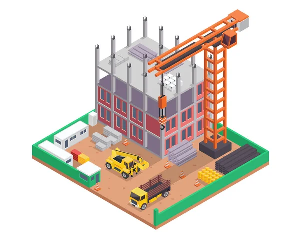 Ilustración Moderna Del Progreso Del Sitio Construcción Isométrica Conveniente Para — Vector de stock